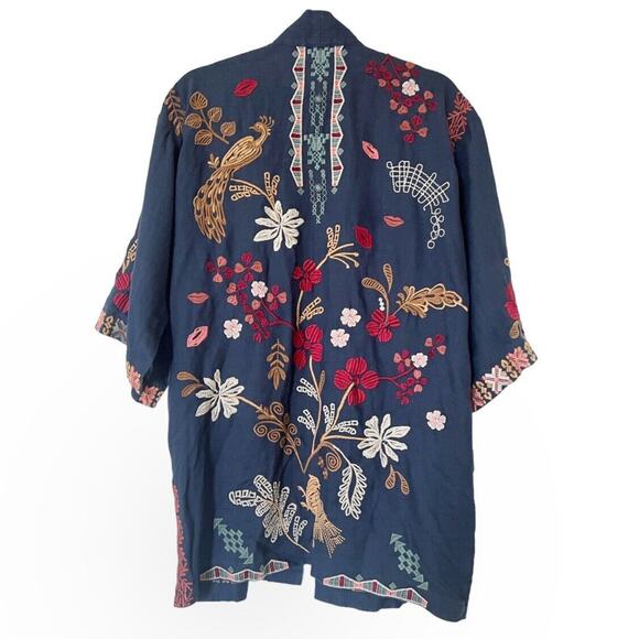 Johnny Was NEW Zuzu Linen Kimono Sz S Embroidered Navy Blue Boho - Picture 5 of 9